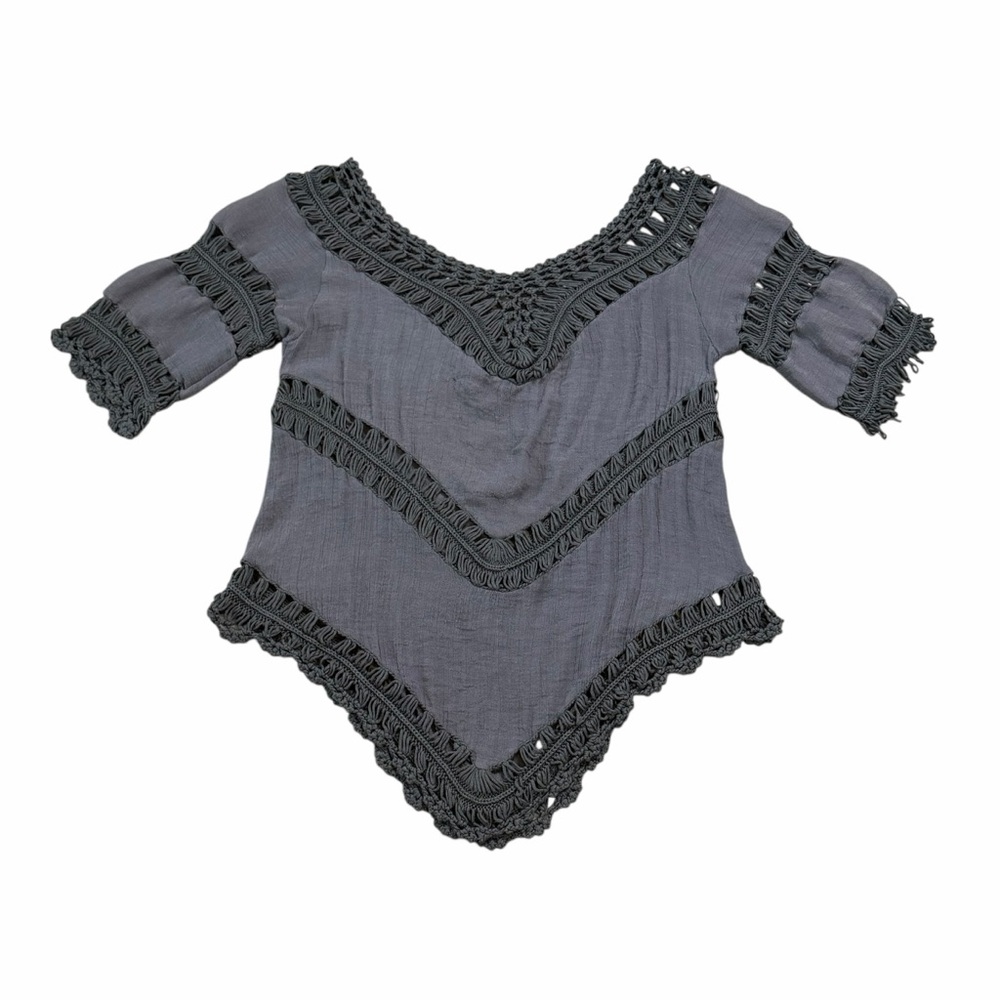 Dreamers Dark Gray Crochet & Gauze Boho Fringe Tunic Blouse - Size Medium - Picture 9 of 14